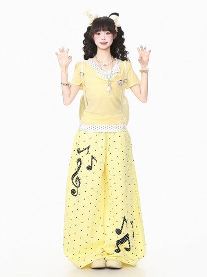 Yellow Casual Fake Two-Piece T-Shirt with Polka Dot - Languid Park