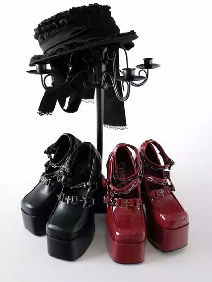 Toe Black Closure Mary Punk Heel with Ornate Coffin - Matte Square Bat Janes Motif Chunky Cross