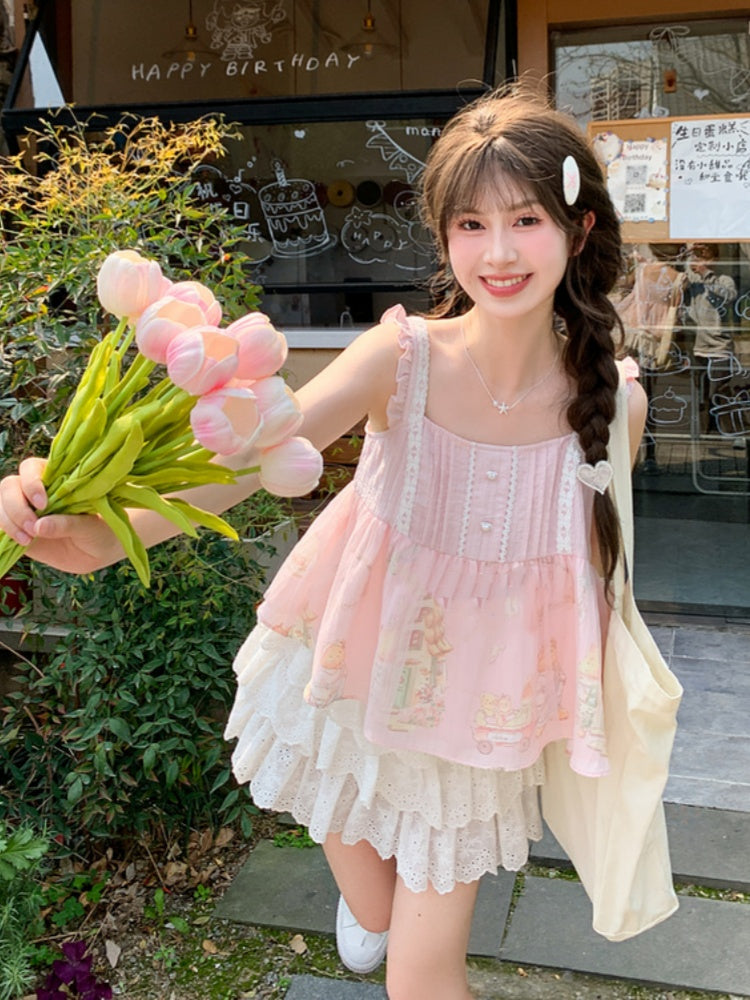 Flutter Bear Print Sleeveless Top Sweet Pink Sleeves Cartoon