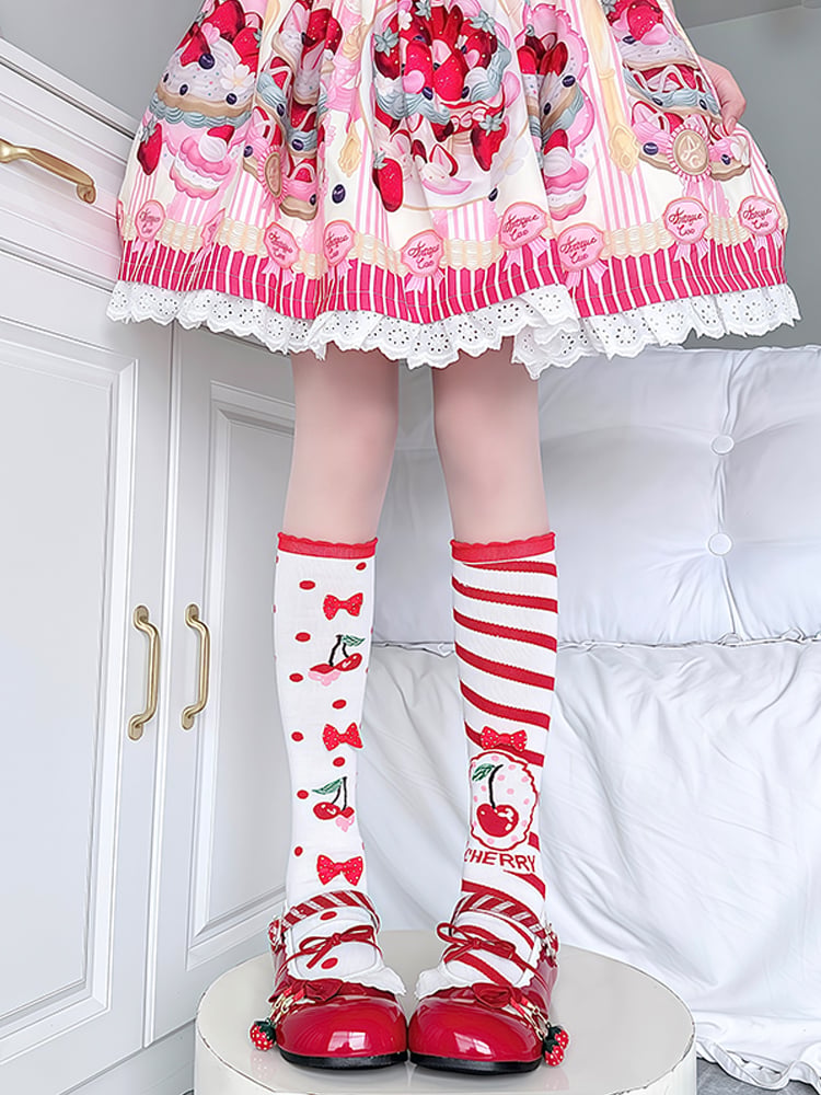 3 Options Lolita Strawberry/Cherry-Themed Cotton Calf Socks