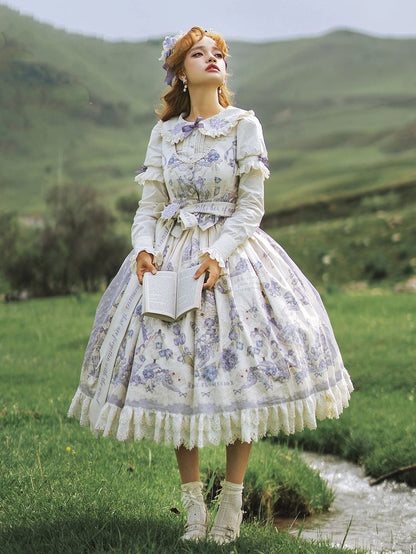 Polka Plus Dots Floral Skirt Sizes Available Print and Classic Lolita Purple