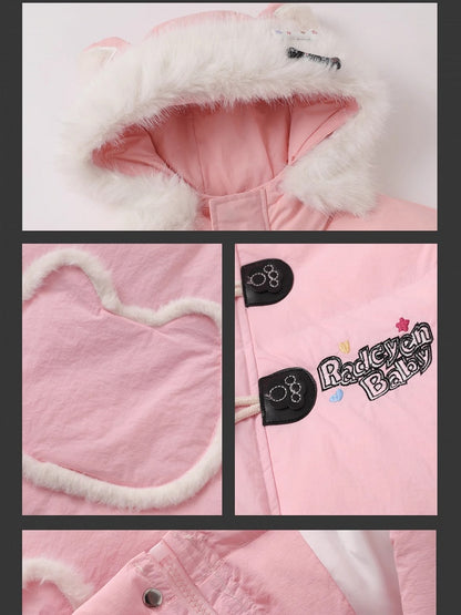 Black/Pink Letters Cat Ears Design Hooded Puffer Jacket