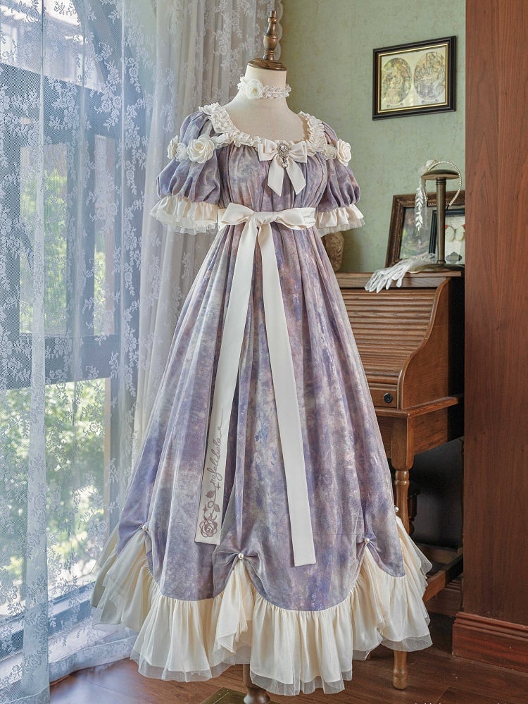 Klassisches Empire Maxi-Stück Lila Lolita Öl Eine Elegante Taille Malerei Kleid Druck