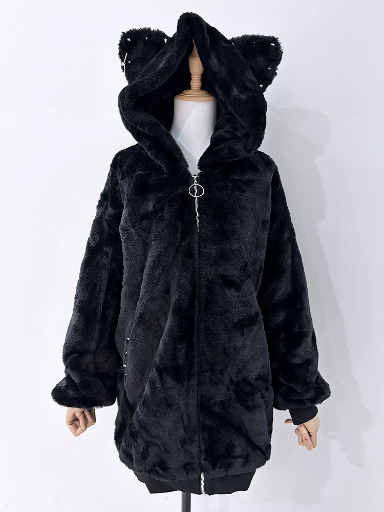 Details Kei for Studded with Plush Fall Cat-Ear Black and Jirai Winter Coat Hood