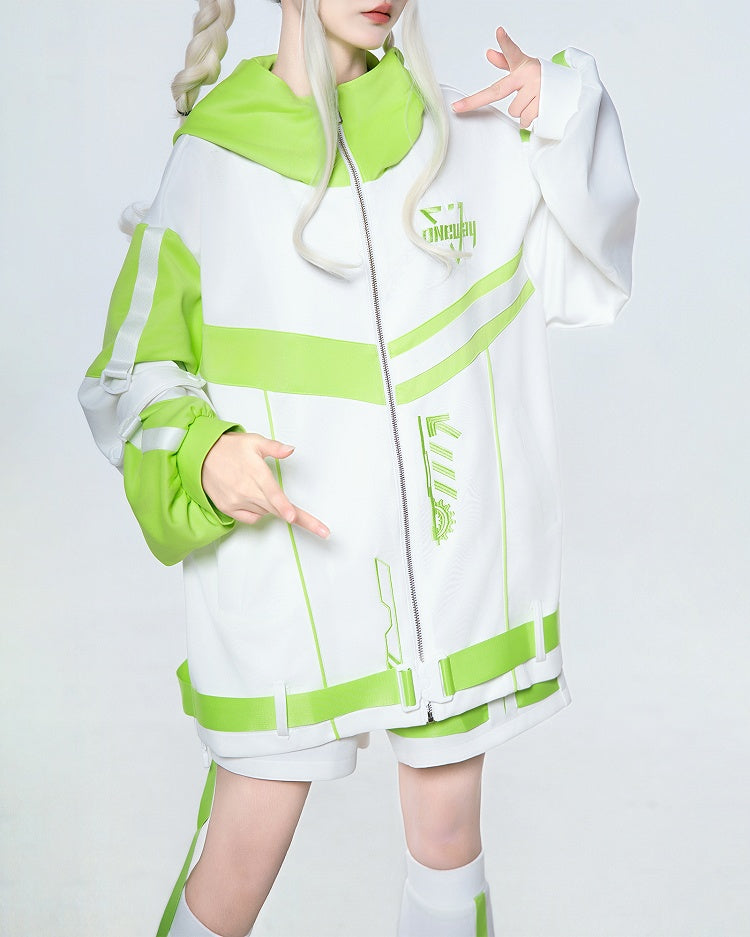 White Futuristic - Jacket in Colorblock Style Green 3-Piece Hooded Set Tech Landmine