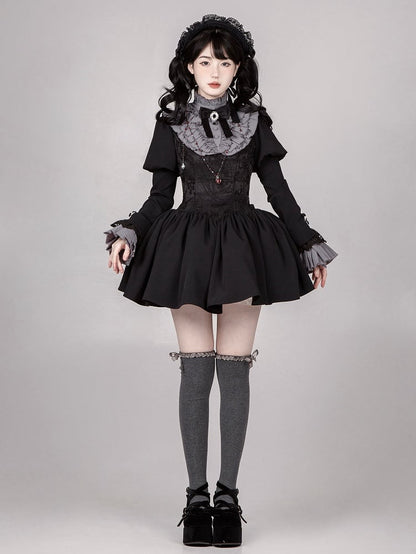 Black Short Version Boned Waist Square Neckline Dress Elegant Lolita Full Set