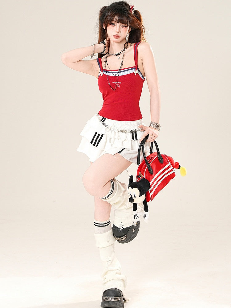 Two-pieces Details Red/Orange Top Faux Cami Bowknot Glamorous Y2K