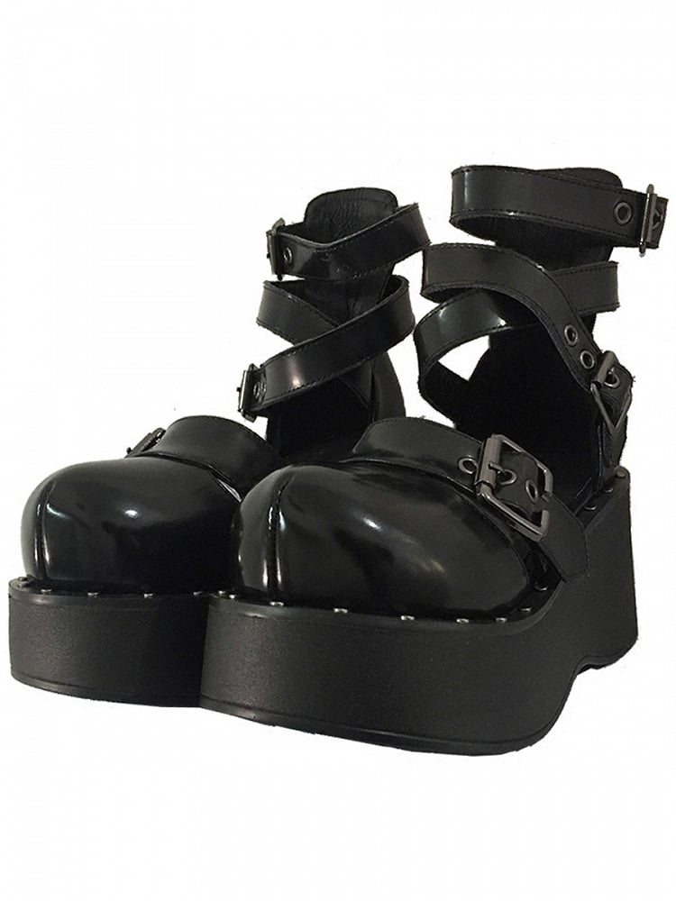 Punk Black Platform Crisscross Shoes Details Design with Studs