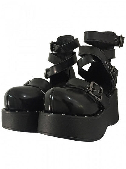 Punk Black Platform Crisscross Shoes Details Design with Studs