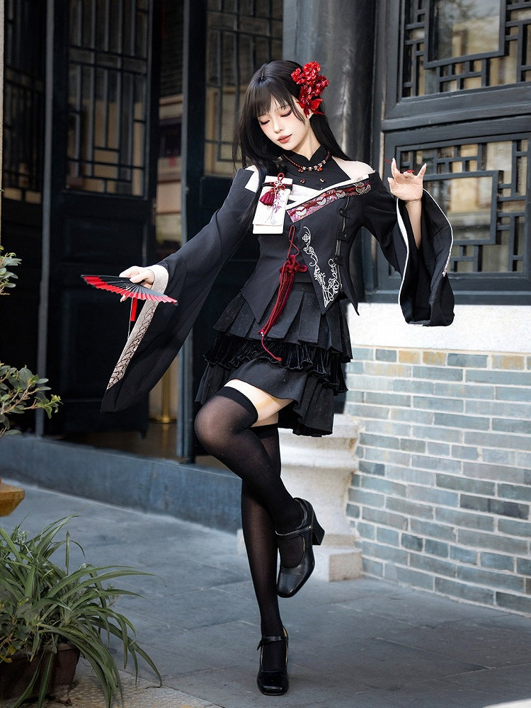 Chinese Style Black Red Wide Sleeve Asymmetrical Top Skirt Necklace Outfit - Unknown Star