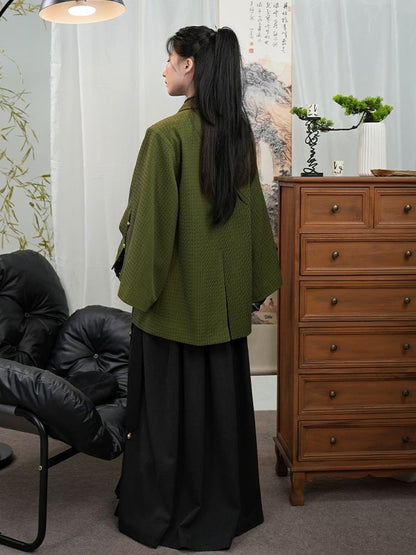 Blazer Front Slit Cuff Green Style Unisex Notched with Design Collar - Chinese Double-Breasted