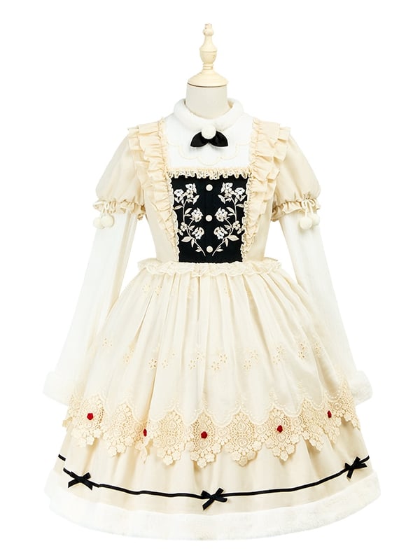 und Ausschnitt Beige Lange Ärmel Manschetten Lolita Floral Plüsch Kleid Mieder Stickerei
