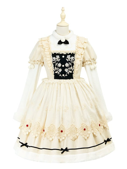 und Ausschnitt Beige Lange Ärmel Manschetten Lolita Floral Plüsch Kleid Mieder Stickerei
