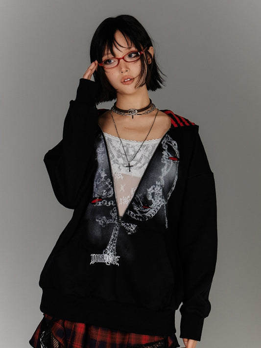 Two-pieces Hoodie Graphic Accents Holes Y2K Black Distressed Pin Faux