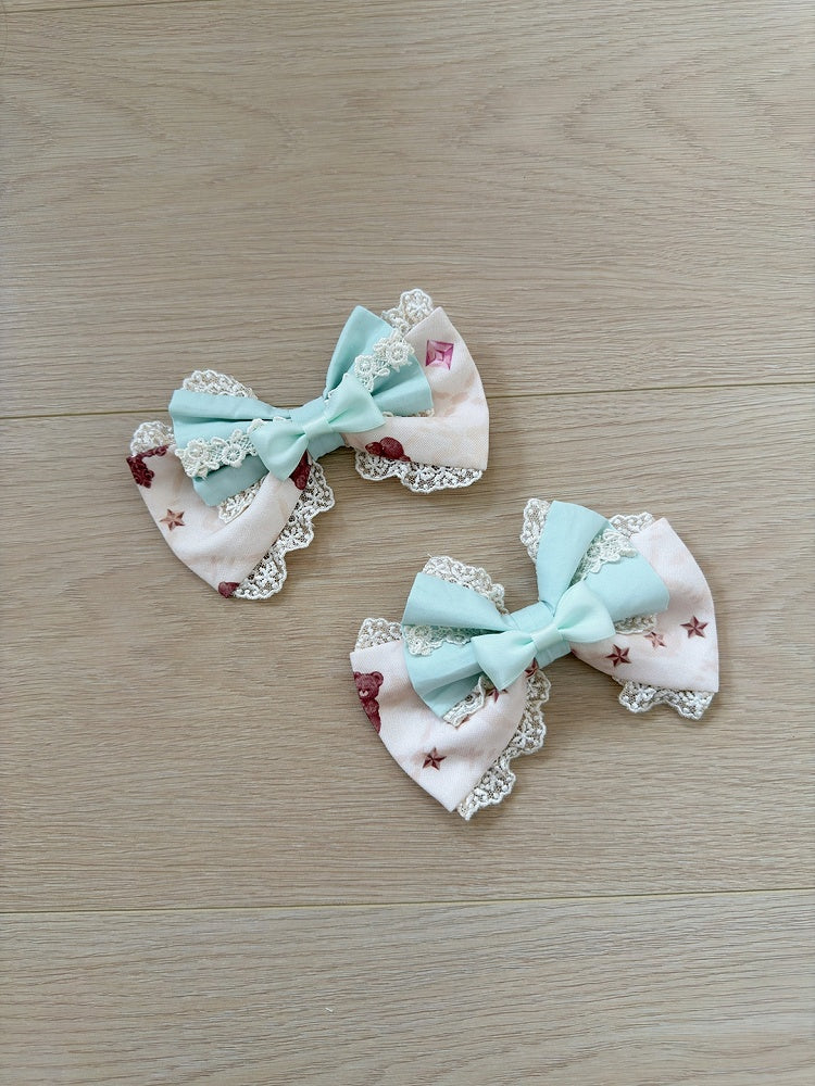 Mint Green Chocolate Bear Print Sweet Lolita Bow Hairclips - Fairy Faith