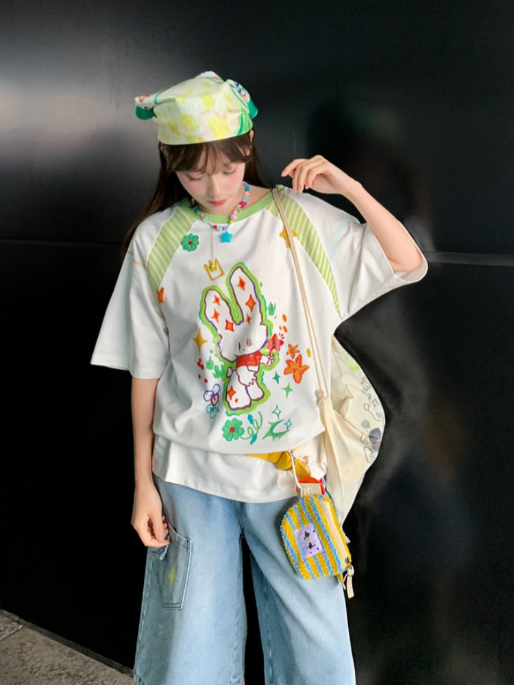 T-shirt White Round Neck Loose Cartoon Bunny Print
