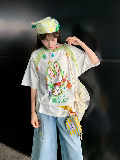 Tシャツ ホワイト ラウンドネック ゆったり 漫画 ウサギ プリント