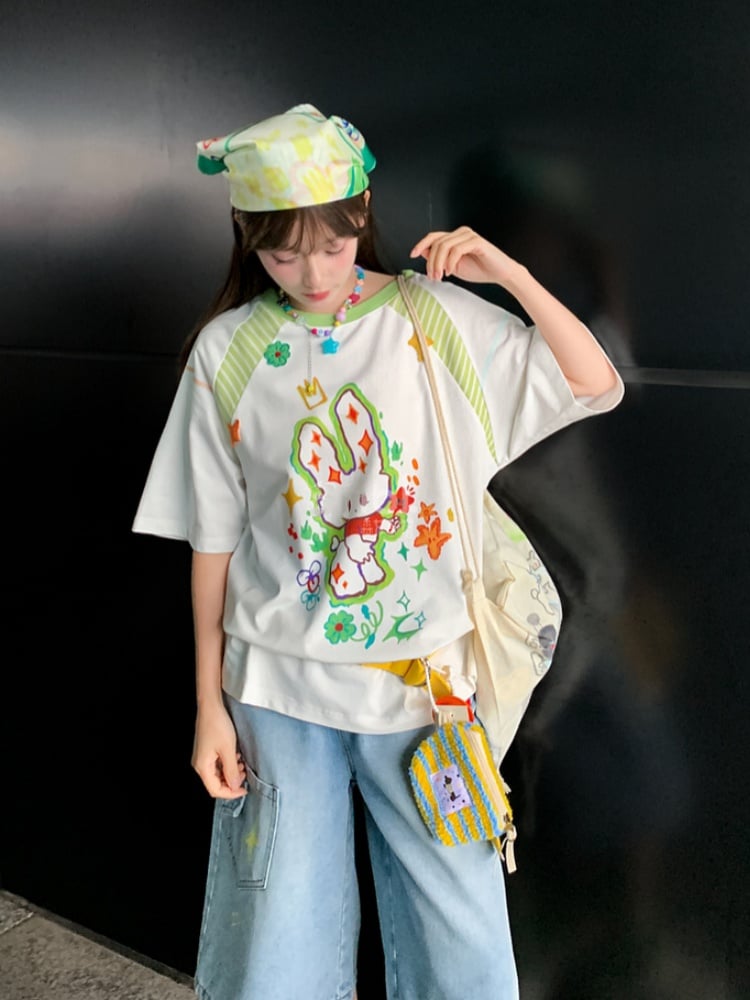 Cartoon Bunny Print White Round Neck Loose T-shirt
