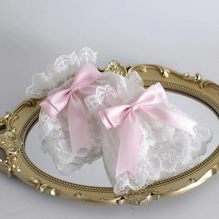 Pink Wrist White Accents Satin Bow with Lace Cuffs