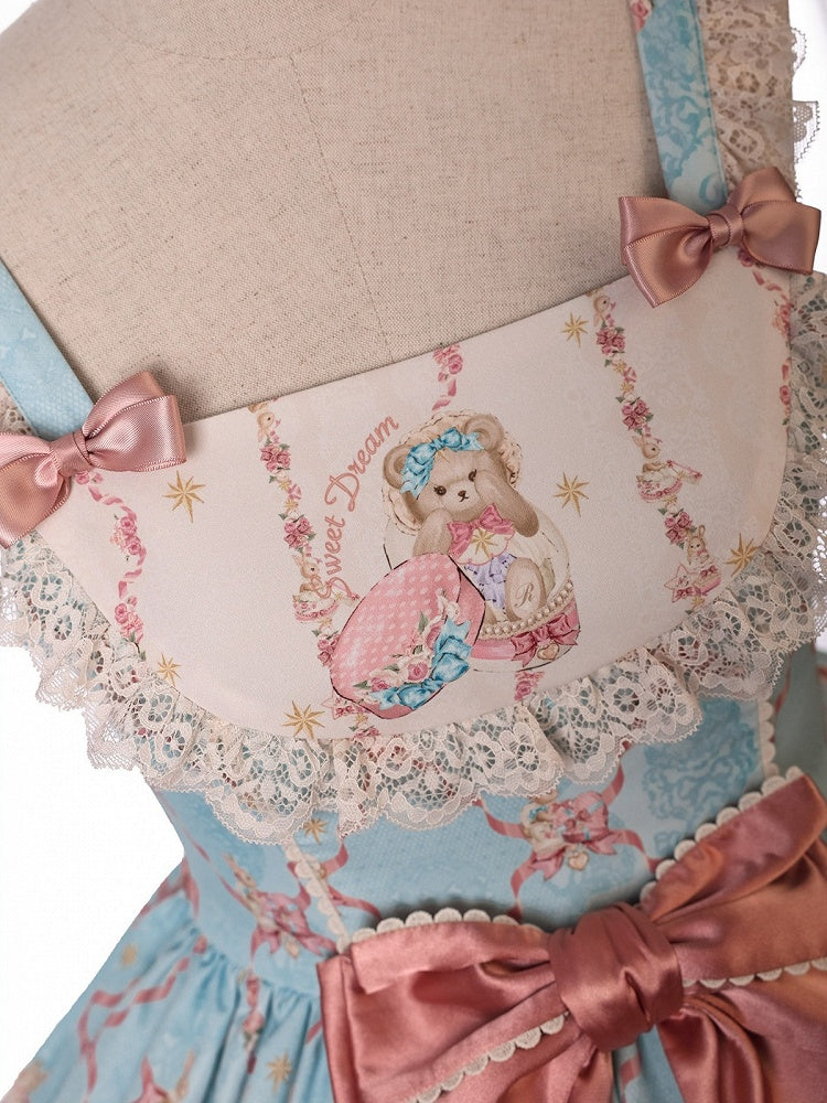 Blue and Pink Sweetheart Doll-Themed Lolita JSK with Toy Bed Print, Bow and Lace Accents - Alice Girl
