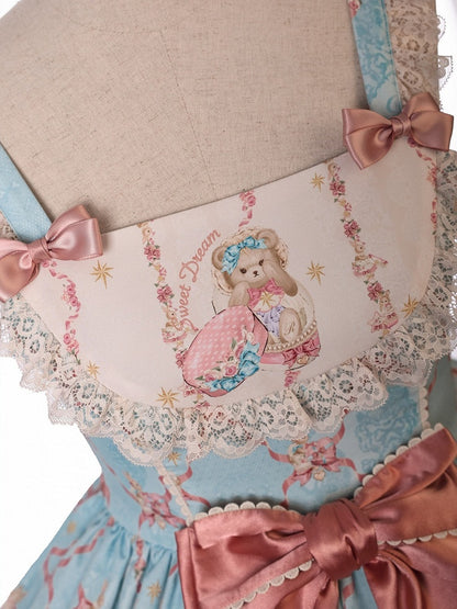 Blue and Pink Sweetheart Doll-Themed Lolita JSK with Toy Bed Print, Bow and Lace Accents - Alice Girl