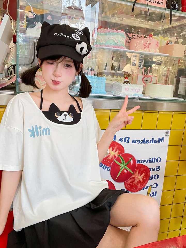 猫Tシャツ フェイクホワイト ホルターネック ツーピース