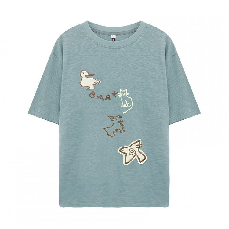 Animal Embroidery with Kawaii T-shirt Patch Decoration Blue Light