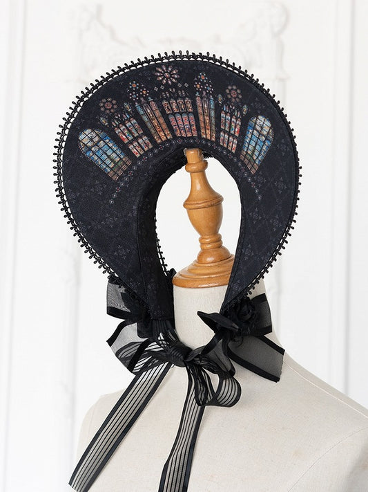 Window Black/White Bonnet Church Print Lolita Stained