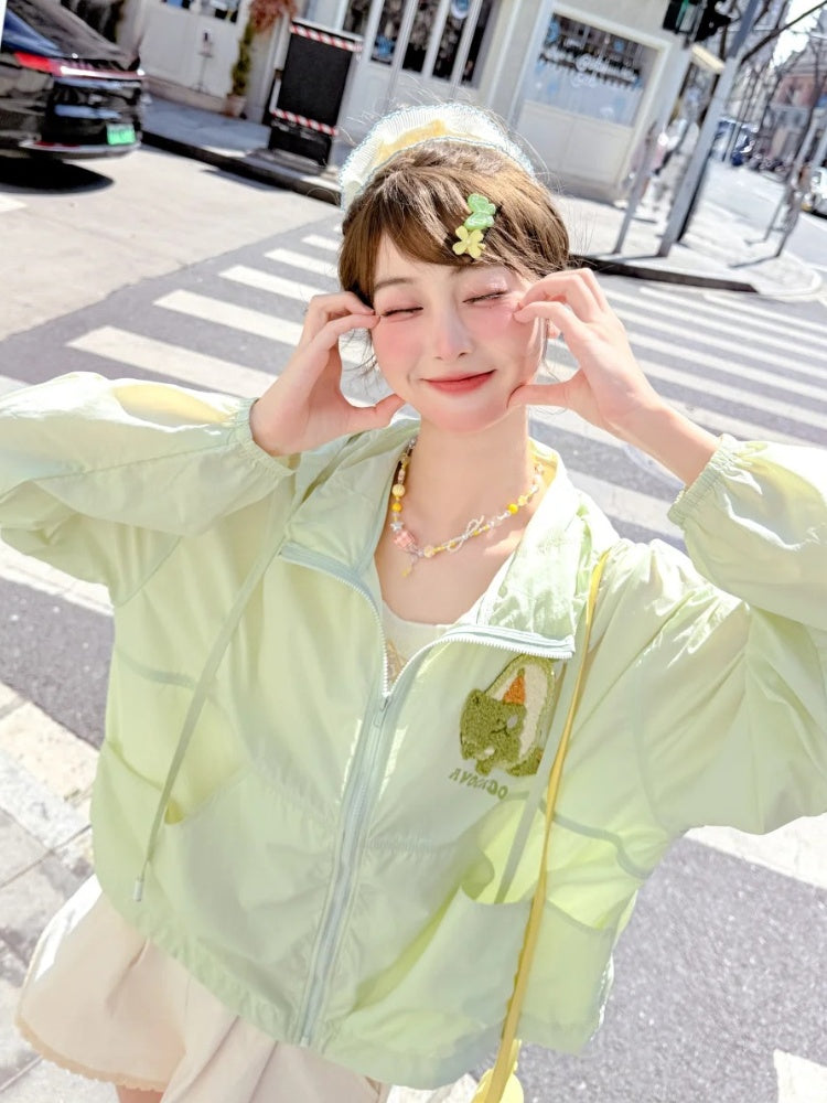 ジャケット 日焼け止め フード付き ゆめかわいい ライトグリーン アボカドアップリケ