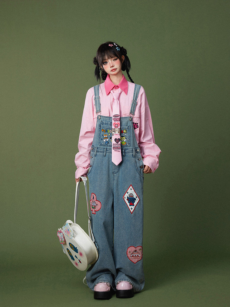 Collar Shirt with Letter Embroidered Patches Contrast Pink