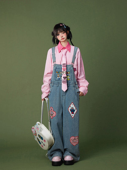 Collar Shirt with Letter Embroidered Patches Contrast Pink