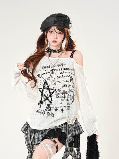 Graphic Coverup Asymmetrical Neckline Distressed Holes Black/White