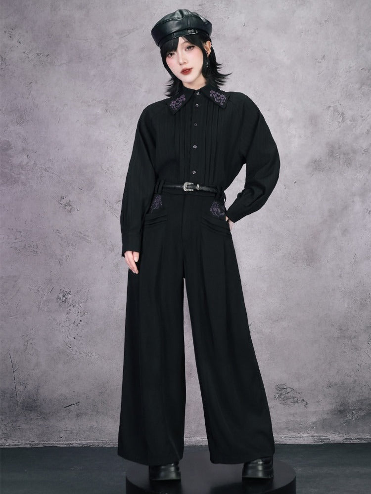 Gothic Straight Leg Trousers Featuring Purple Iris Embroidery in Black - Quirky Hut