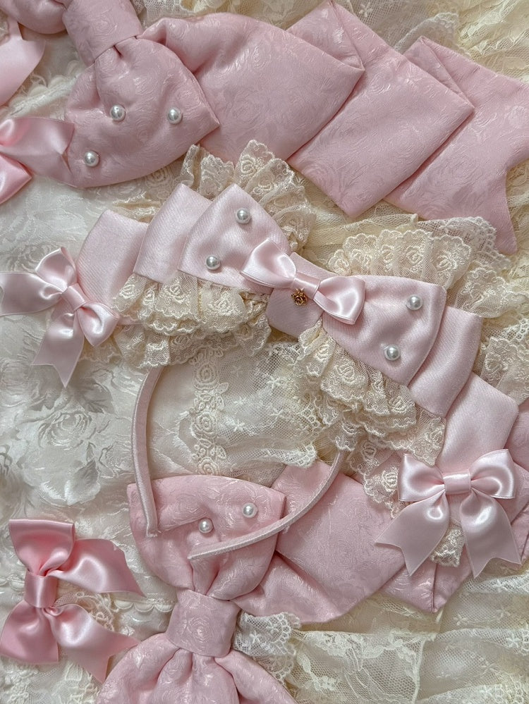 Beaded Lace Trim Decorated White/Beige/Blue Big Bow KC