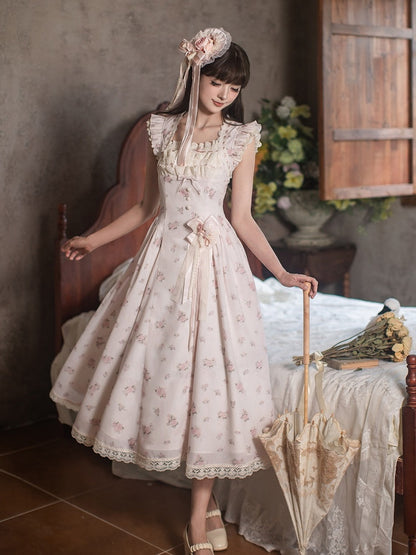 Graceful Pink Floral Lace JSK Dress with Brooch Set