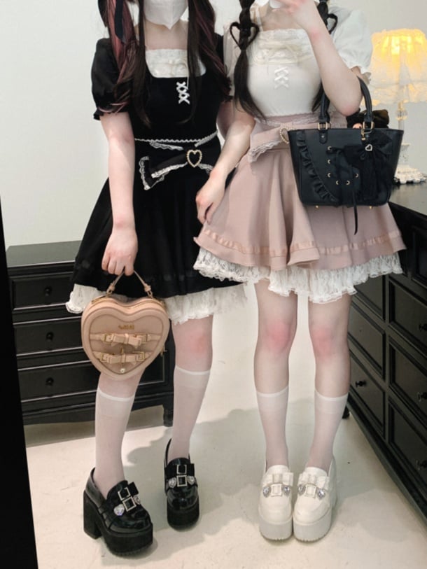 Jirai Kei Details Bowknot Trim Pink/White/Black Lace