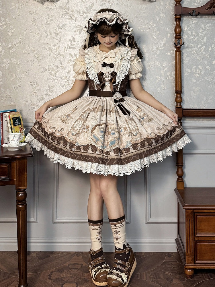 Sweet Print Lolita Jumper Skirt Brown Kitty Teddy and