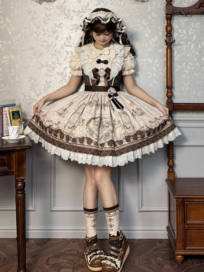 Sweet Print Lolita Jumper Skirt Brown Kitty Teddy and