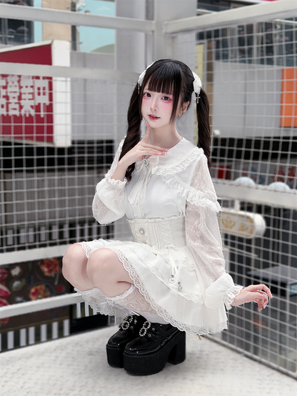 Style Design with Bow Landmine Long-Sleeve White Blouse Tie Cape Lace