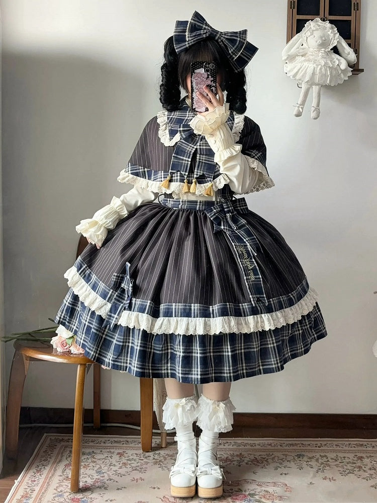 Blue Plaid and Black Striped Pattern Lolita JSK + Cape