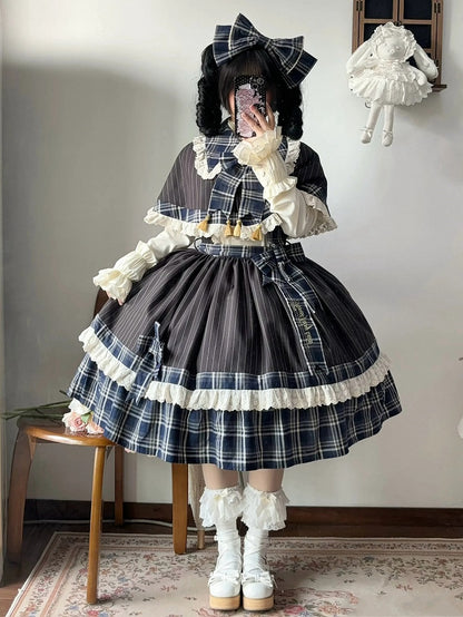 Blue Plaid and Black Striped Pattern Lolita JSK + Cape