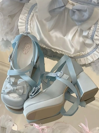Chunky - Wrap Blue Janes Sweet with Ankle Heel Lolita Satin Heart Snap Scalloped Edge Mary