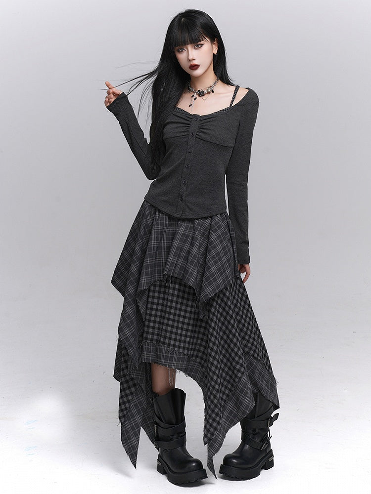 Hem Handkerchief Black Patchwork Skirt Waist with Elastic Plaid Gray Tiered
