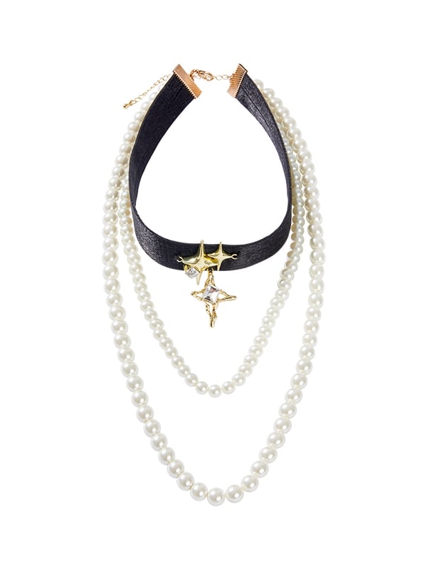 Black Choker with White Artificial Pearl Necklace