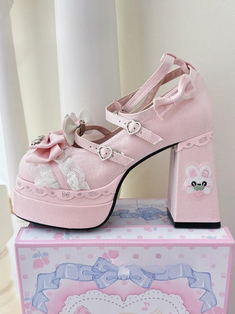 Pink with Lolita - Satin High Block Accents Sweet Bow Platforms Heel
