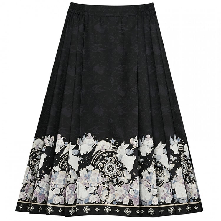 Black Moon Rabbit Cheongsam Style Pleated Midi Skirt