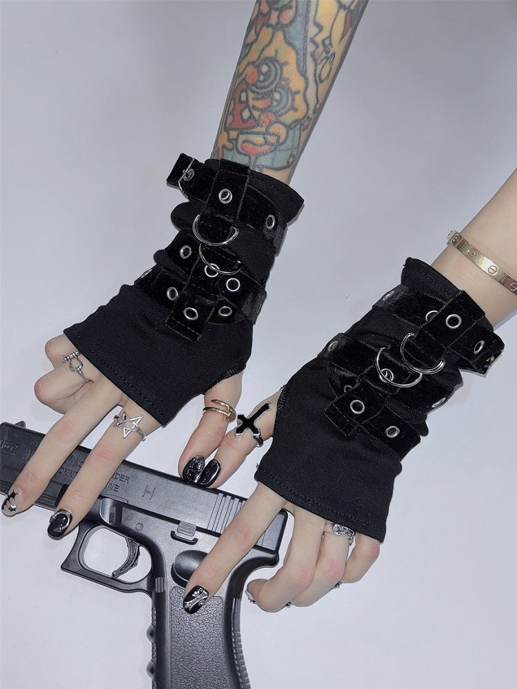 Gloves Decorated Buckle Black Y2K