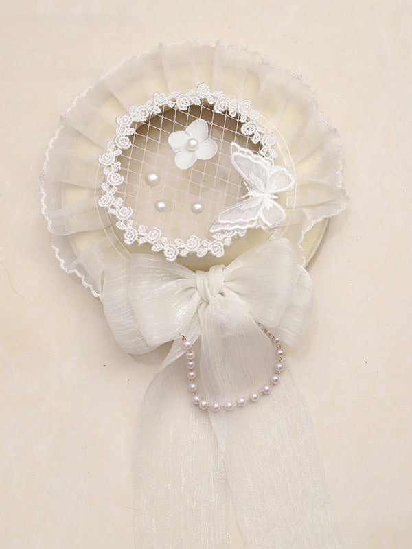 Lolita Bow Hat with Mesh Mini and Bead White/Yellow/Black Embellishments