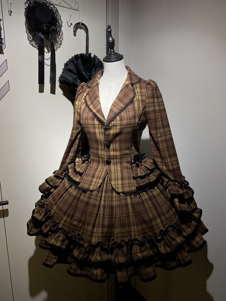 School Brown Blazer Old Notched Skirt Ruffled Plaid + - Lapel Lolita Set