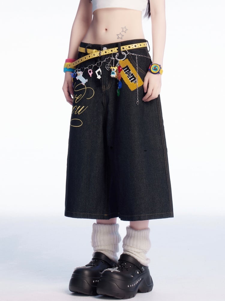 Wide-leg Jeans Print Vintage Letter Waist Charm and Black Low
